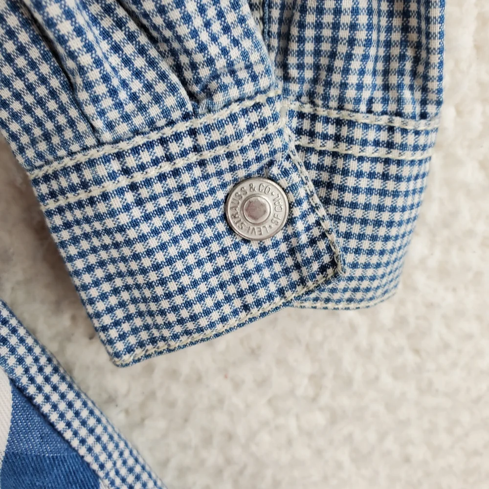 Vtg Levis Shirt Mens M Blue White Plaid Check 3/4 Sleeves Full Zip